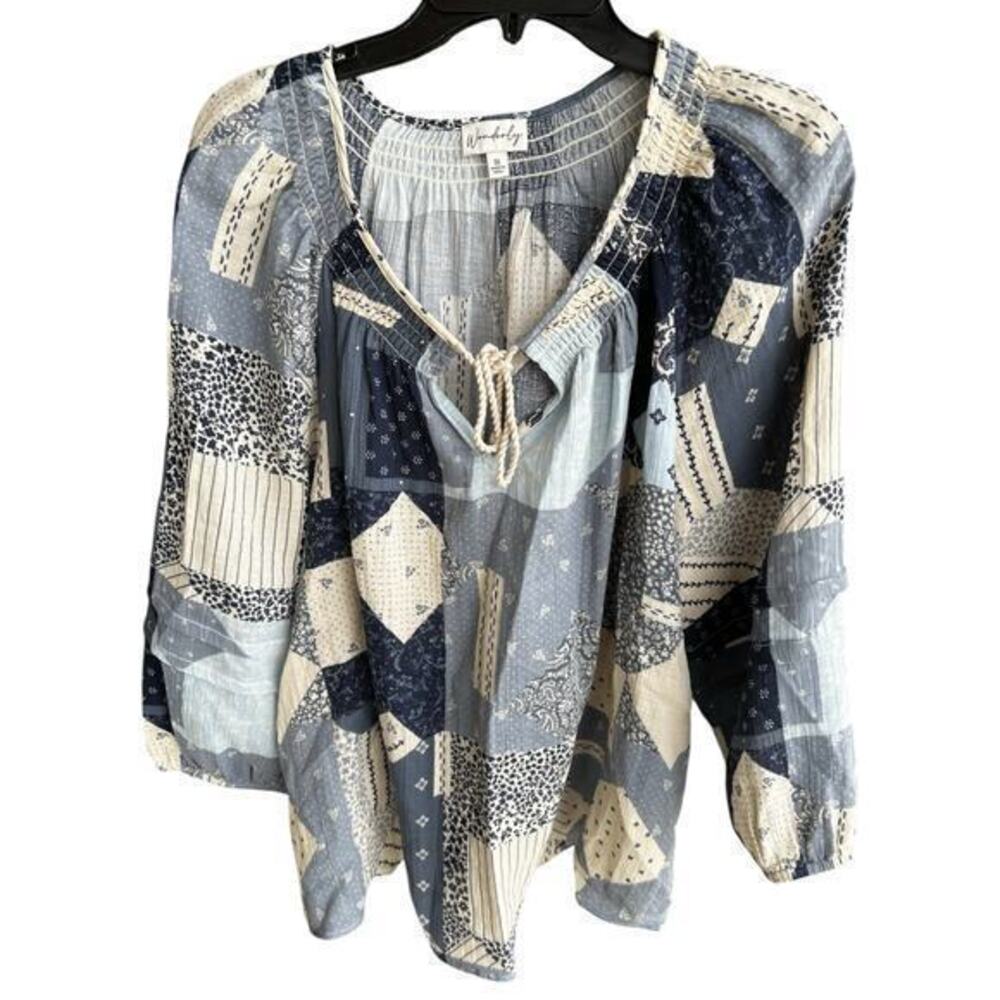 WONDERLY blue patchwork pattern smocking dolman sleeve boho NWOT plus sz 1x